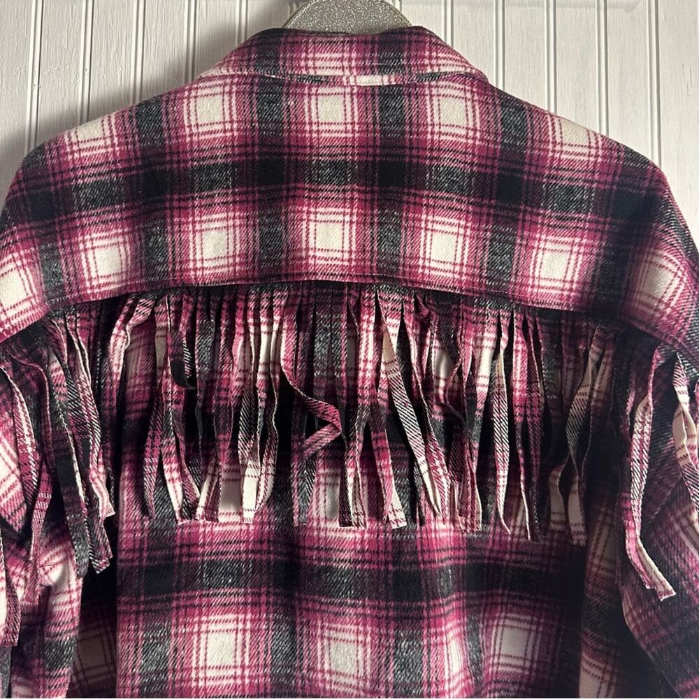 Vici Purple Black Plaid Cropped Fringe Flannel Shacket - Picture 4 of 6